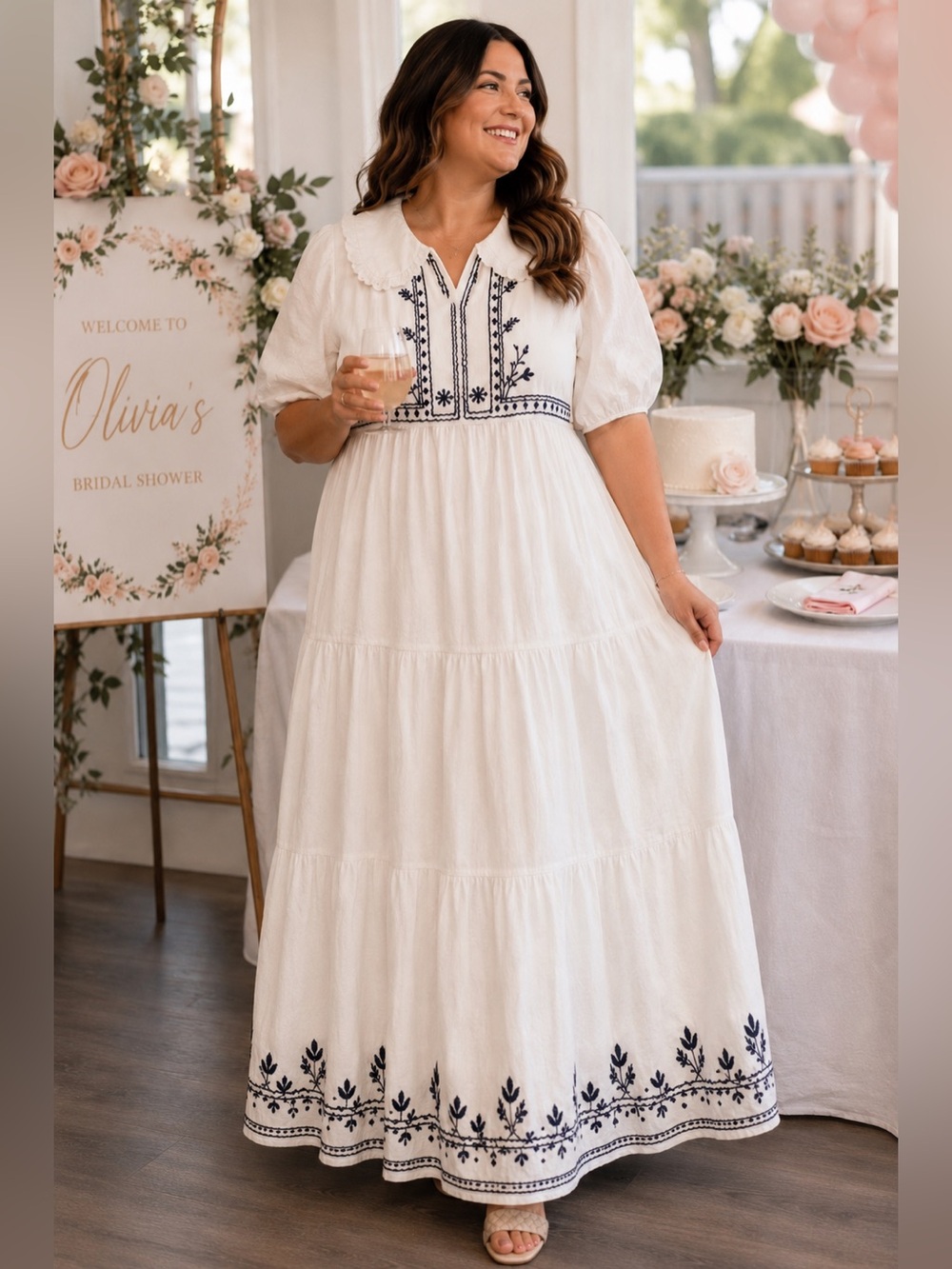 NWT Boutique Cream Bohemian Embroidered Prairie Collar Size XL Dress W/ Pockets